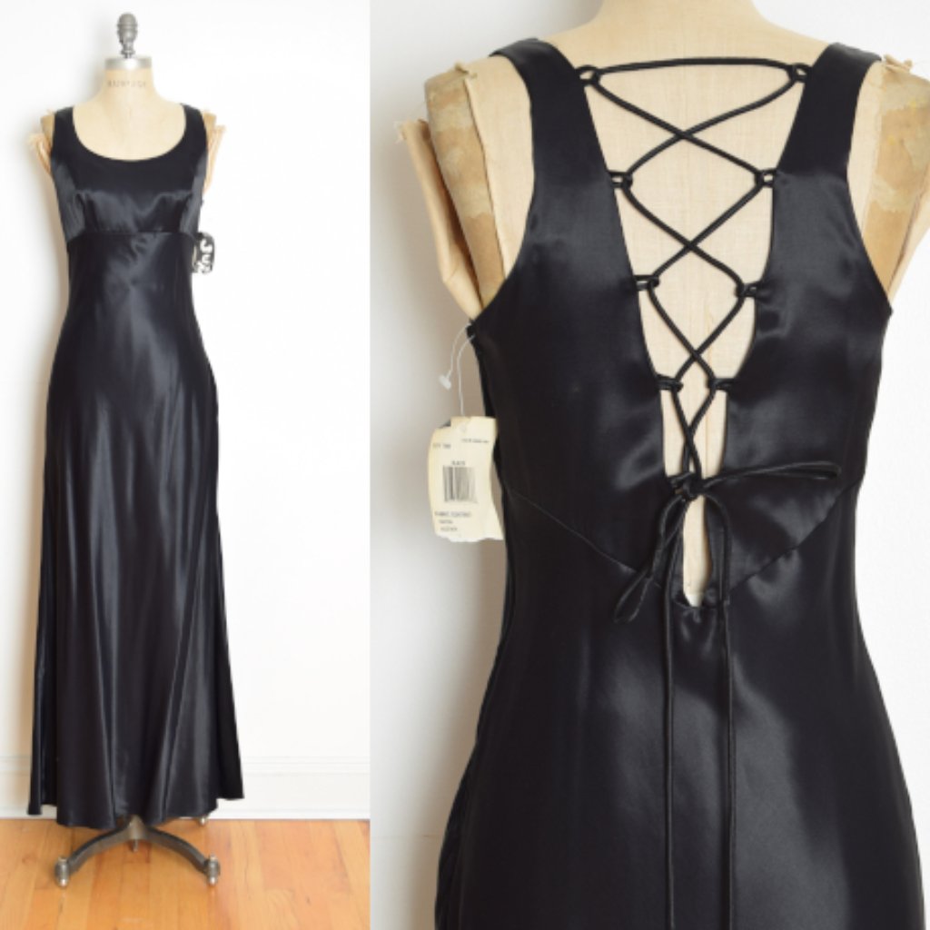 Vintage 90s Y2k Prom Dress Jump Black Satin Corset High Waist Whimsigoth Gown M